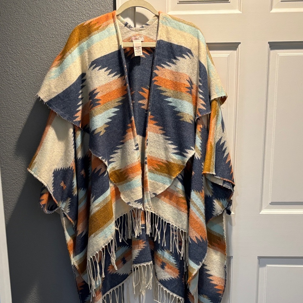 Free People Southwestern Patterned Poncho with Fringe